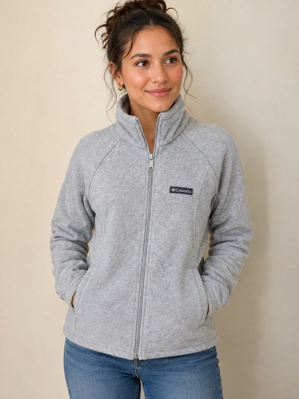 Columbia Women’s Gray Full Zip Fleece Jacket Medium M High Collar Outdoor